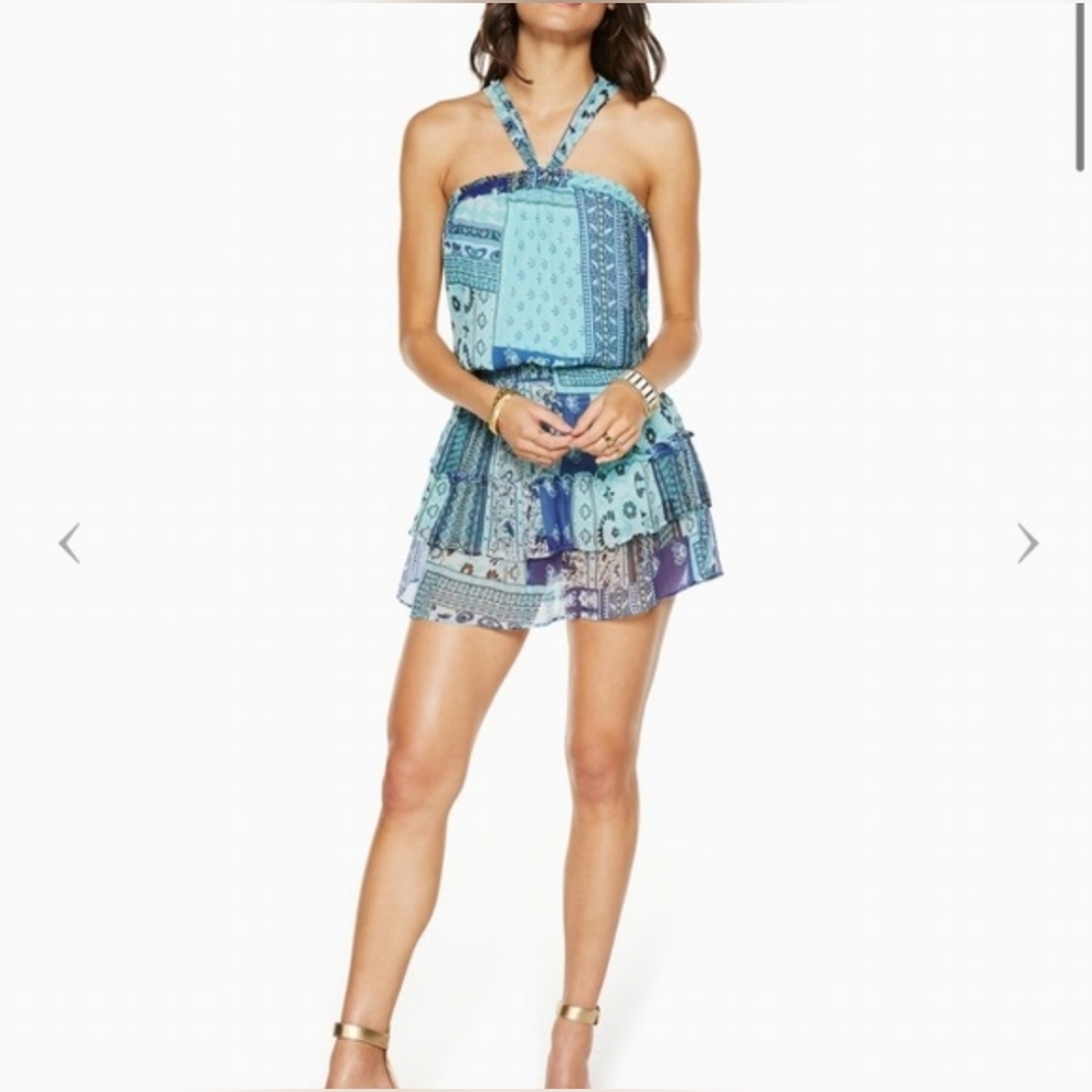 Blue Patchwork Halter Smocked Ruffled Mini Dress - image 3